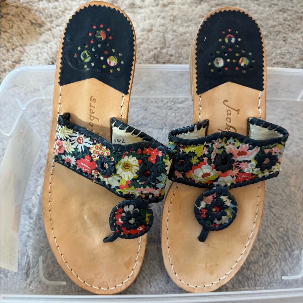 Jack Rogers Navy and Tan Sandals Floral Design